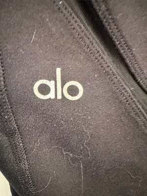 Alo Leggings Long Black Net Trim Inserts Diagonal Design Satin Strips thumbnail 4