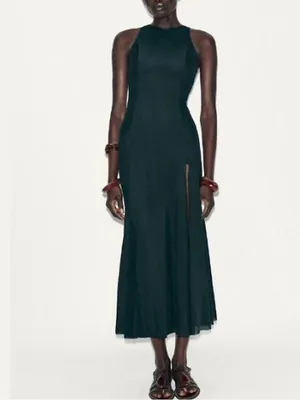 Sleeveless Dark Green mess Midi Dress with‎ Side Slit thumbnail 2