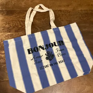 Sézane Nwot! on the road bonjour blue white striped canvas tote bag thumbnail 2