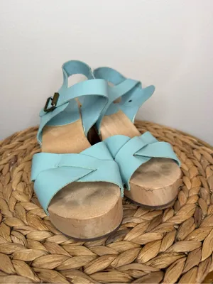 Loft Leather Platform Clog Sandals Buckle Strap Light Blue Criss cross strap thumbnail 6