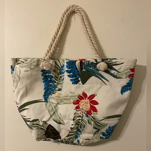 New NWT Marbella & Ashford‎ Zip Top Canvas Rope Tote White Floral Beach Bag thumbnail 1