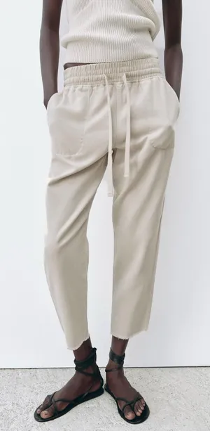 Zara denim joggers pants drawstring high waisted drawstring raw hem adjustable thumbnail 1
