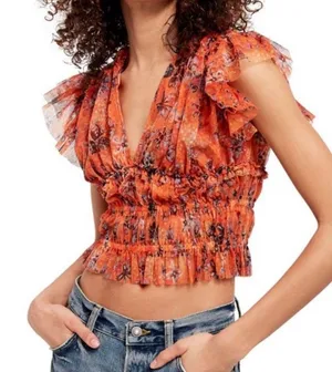Free People Making Me Smile Top Orange Floral thumbnail 1