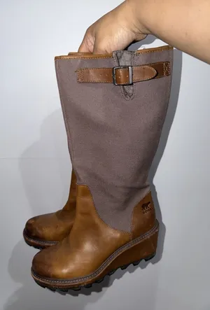 Women's 9.5 Sorel Cool Canvas Boots Brown Leather Knee High Wedge Side Zip Tall‎ thumbnail 1