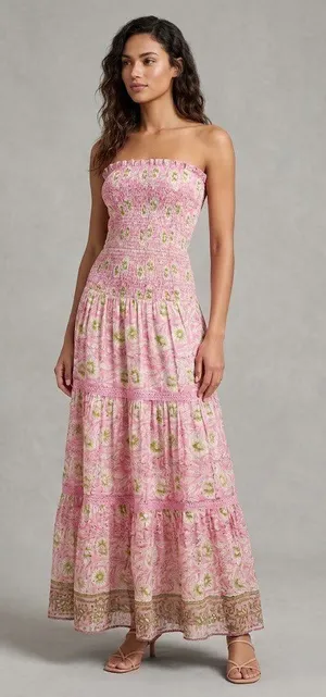 NWT Bell Alicia Bell Strapless Maxi in Pink Blockprint Silk-Cotton Dress S thumbnail 1