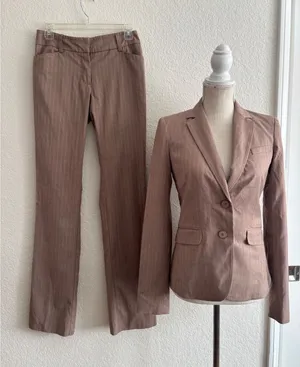 New York & Company Pant Suit Size 0 Tall Brown Pinstripe Blazer Trousers Set thumbnail 1