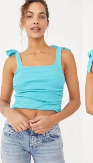 Free People Aqua Blue Tie Up Bow Tank Gathered Top Beachy Boho Size Medium thumbnail 1