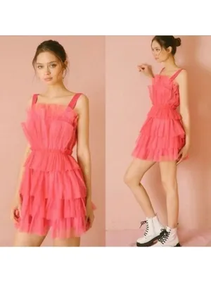 NWT Storia Tulle Tiered Mini Dress M Pink Babydoll Ruffle Satin Strap thumbnail 2