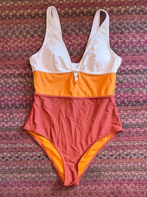 CUPSHE ORANGE CREAM COLOR BLOCK ONE PIECE HIGH CUT BIKINI thumbnail 1