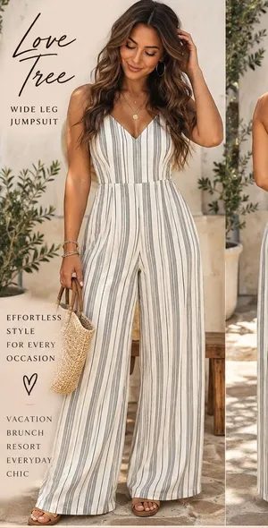Love Tree Womens Wide Leg Jumpsuit White Black Striped Criss Cross Back Large thumbnail 1