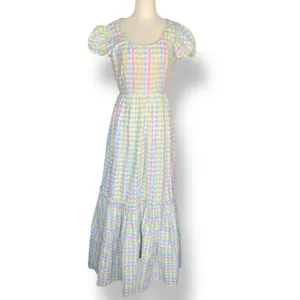 Vintage 70s Pastel Gingham Smocked Maxi Dress‎ Puff Sleeve Cottagecore Romantic thumbnail 2
