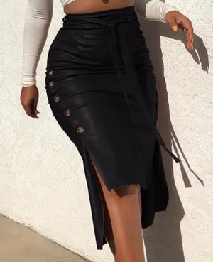 HOT Leather High Low Pencil Skirt L Black Size L thumbnail 1