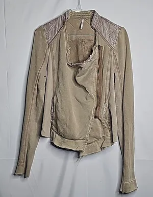 Free People raw hem diagonal zip up quilted back moto sweatshirt jacket sz Small thumbnail 1