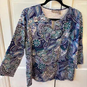 Chico's Size 2 Blue‎ Abstract Floral Paisley Print Blouse Top Shirt Size Large thumbnail 6