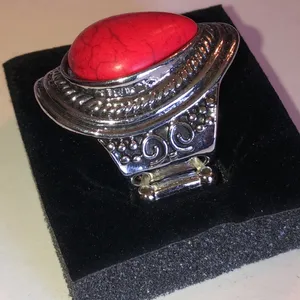 Red Teardrop Stone Silver Tone Boho Statement Ring thumbnail 3