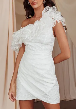Selfie Leslie Hollyn One-Shoulder Ruffle Mini Dress White Medium NWT Bridal Rush thumbnail 1