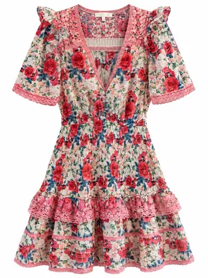 LoveShackFancy Rena Mini Dress Women Medium Red Pink Floral Lace Excellent thumbnail 4