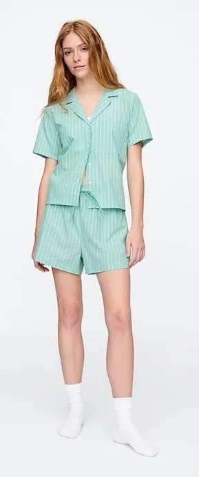 GAP BODY poplin cotton short sleeve top and shorts pajama green stripe set large thumbnail 1
