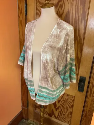 WYLD HEART Boho Tie Dye Kimono Cardigan Taupe Teal Lace Trim Open Front Size L thumbnail 6
