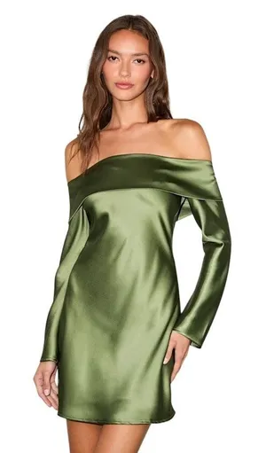 Lulus Luxurious Vision Olive Green Satin Off-the-Shoulder Mini Dress size L NWT thumbnail 1