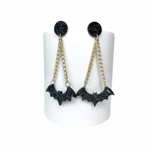 Halloween Spooky Black Acrylic Bat‎ Dangle Gold Chain Earrings thumbnail 2