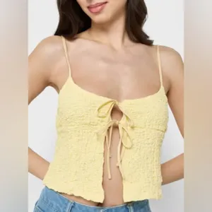 Zara tie front babydoll tank top bows butter yellow spaghetti straps cropped thumbnail 8