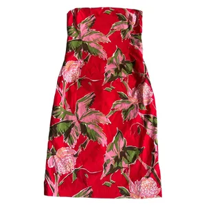 Helen Wang New York Red Tropical Floral Strapless Midi Sheath Dress Size 4 thumbnail 2