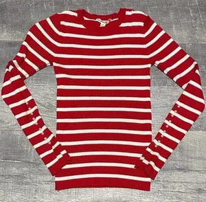 Red White Stripe Sweater Womens XS Ribbed Fitted Pearl Button Sleeve thumbnail 1
