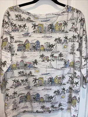 Talbots Cotton Top With Seaside Village Design Size Oversized Xl 3/4” Sleeves thumbnail 4