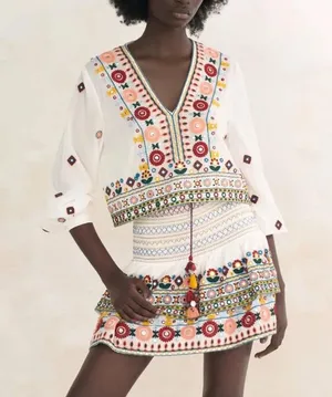 Zara Embroidered Set embellished beaded skirt top boho colorful long sleeve crop thumbnail 13