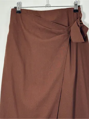SHEIN Brown Wrap Midi Skirt Women’s Medium M Side Tie Linen Blend thumbnail 2