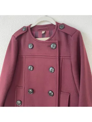 Burberry Brit Antwood Double Breasted Collarless Coat Burgundy Size 8 Luxury thumbnail 3
