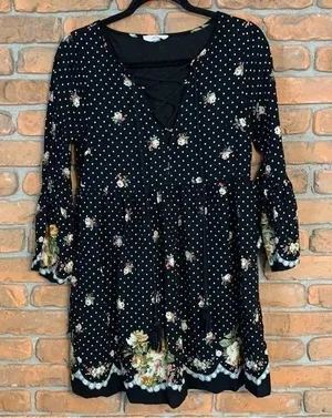 Entro Dress Womens Small Black Floral Polka Dot Criss Cross Neck‎ Cottage Core thumbnail 1