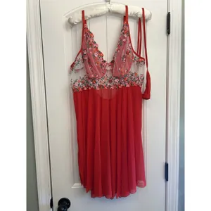 Women’s 3XL Red Floral Embroidered Sheer Mesh Babydoll Lingerie & Matching Thong thumbnail 11