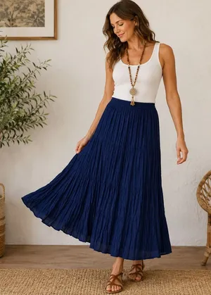 Scott Taylor Crinkle Maxi Skirt Navy Tiered Boho 90s Elastic Waist Vintage thumbnail 1