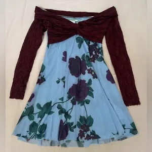 Urban Outfitters Kimchi Blue Sydney Lace & Blue Maroon Floral Dress thumbnail 1