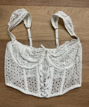 White Eyelet Lace Ribbon Corset Top - Coquette/Milkmaid‎ Aesthetic thumbnail 1