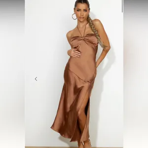 Hello Molly NWT Strapless Satin Dress in Rich Brown thumbnail 5