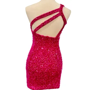 Hot Pink Sequin One Shoulder Mini Dress Barbiecore Y2K Party Hoco, Size S thumbnail 5
