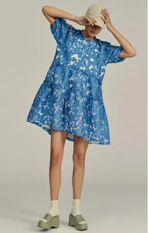 NWT Maeve by Anthropologie Tiered Jacquard Mini in Blue Organza A-line Dress XS thumbnail 7