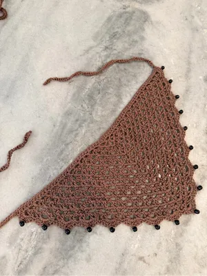 Handmade Crochet Wood Beaded Kerchief Head Scarf Cotton Boho Bandana Cottagecore thumbnail 2