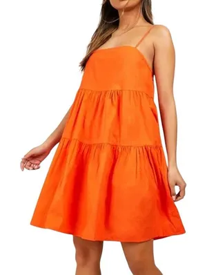 Boohoo Strappy Tiered Cotton Smock Dress in Orange, Size 12 thumbnail 1