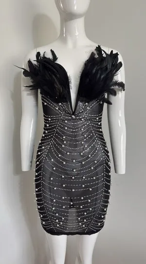 Beaded Pearl Sheer Feather Bust Dress Size Small Stretchy Bodycon Night Out thumbnail 1