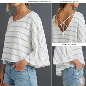 VICI Crop Top Womens XS White Striped Tie Back‎ Boho Flowy Bell Sleeve Blouse thumbnail 2