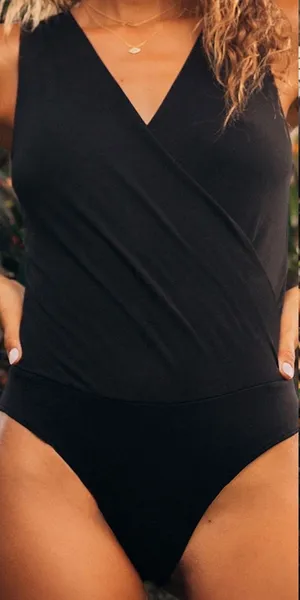 Lulus NWT Staying Basic Black Faux-Wrap Sleeveless Bodysuit Size Small Layering thumbnail 1