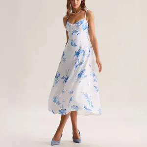 Rihoas Blue Floral Shirred A-Line Slip Maxi Dress thumbnail 4