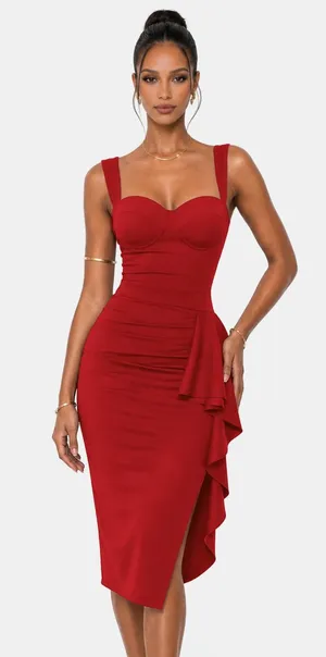 Red Ruffle-Side Sweetheart Midi Dress large thumbnail 1