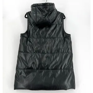 Vigoss Women L Black Faux Leather Hooded Long Puffer Vest Zip Pockets Moto Edgy thumbnail 2