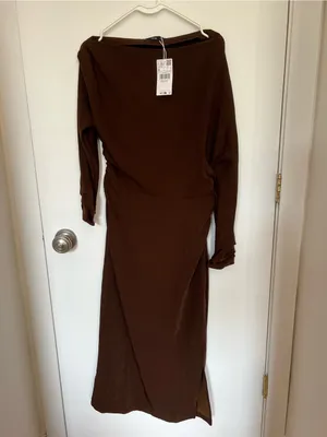 Mango Asymmetrical Elegant One-Shoulder Brown Midi Dress Gathered Sides Sz M thumbnail 5