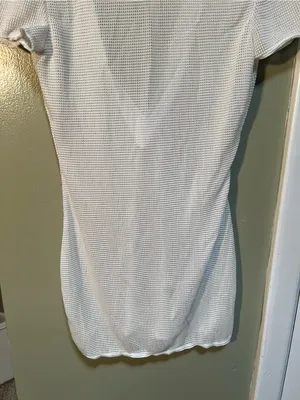 Womens Size Small Crochet Cover Up Beach Dress Short Sleeve V-Neck White Stretch thumbnail 10